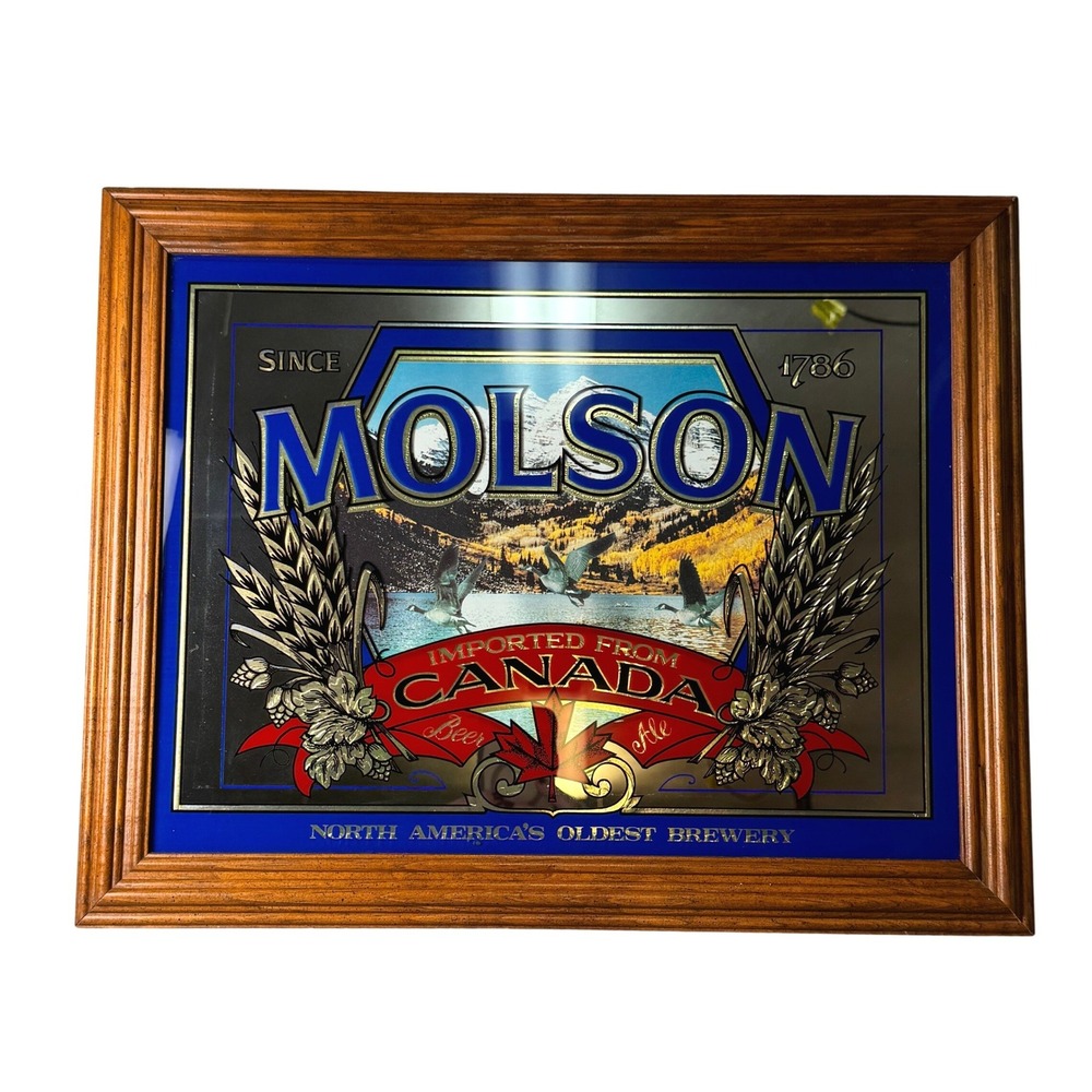 Vintage Molson Beer Bar Mirror Geese Canada Wood Frame Advertising Breweriana